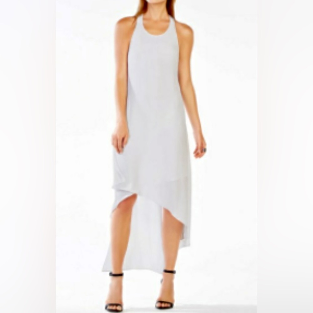 BCBGMAXAZRIA Vickie Hi-Lo Fringe Midi Dress - White w/Black Fringe